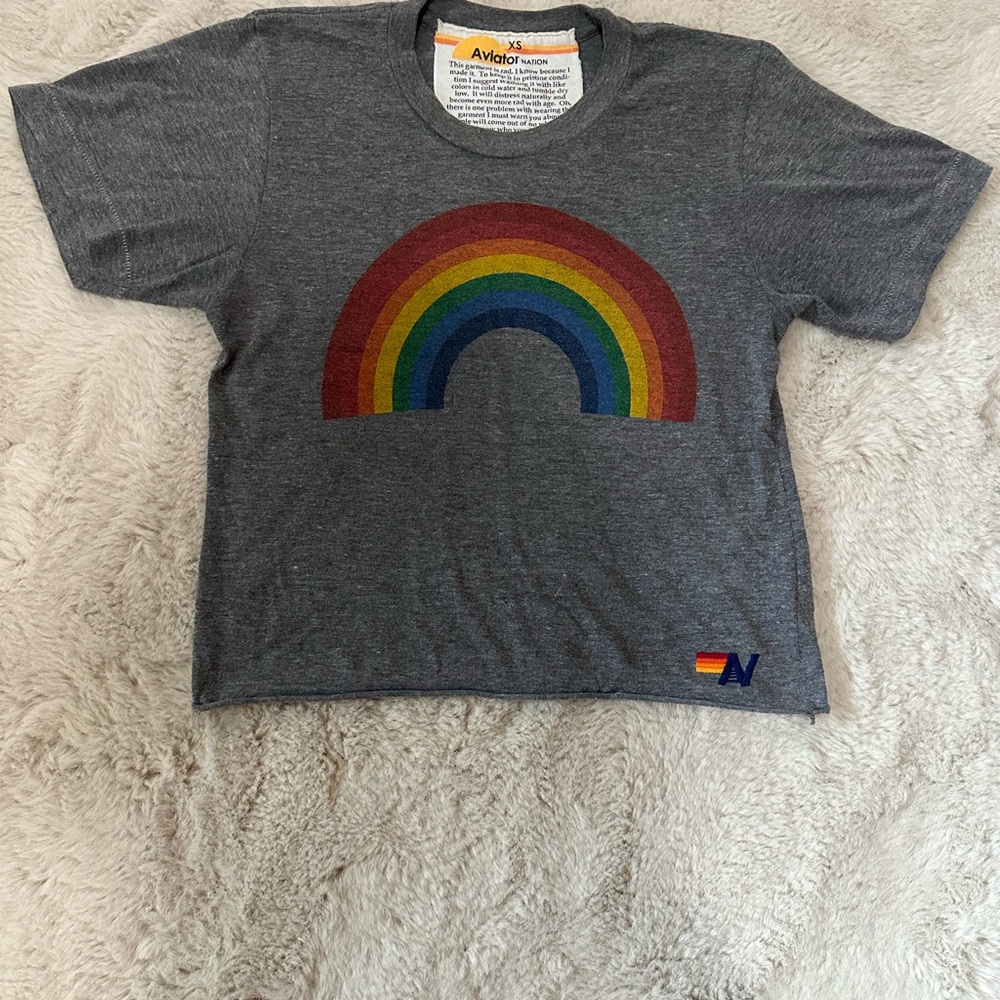 Aviator Nation Gray Crop Top with Rainbow Graphic